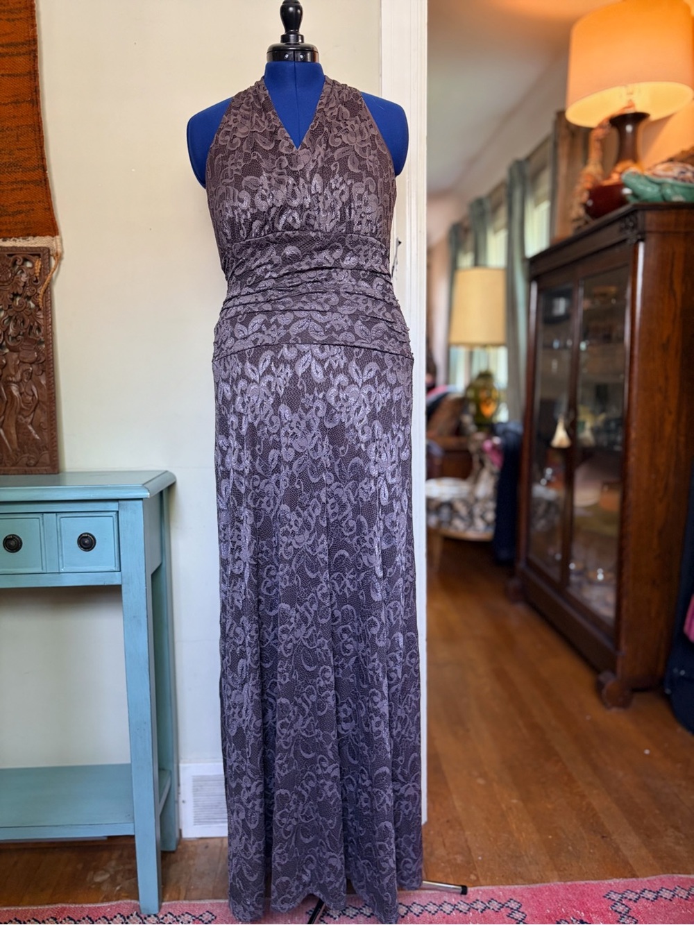 NWT Nine West Taupe Lace Halter Evening Gown Maxi Dress Size 10